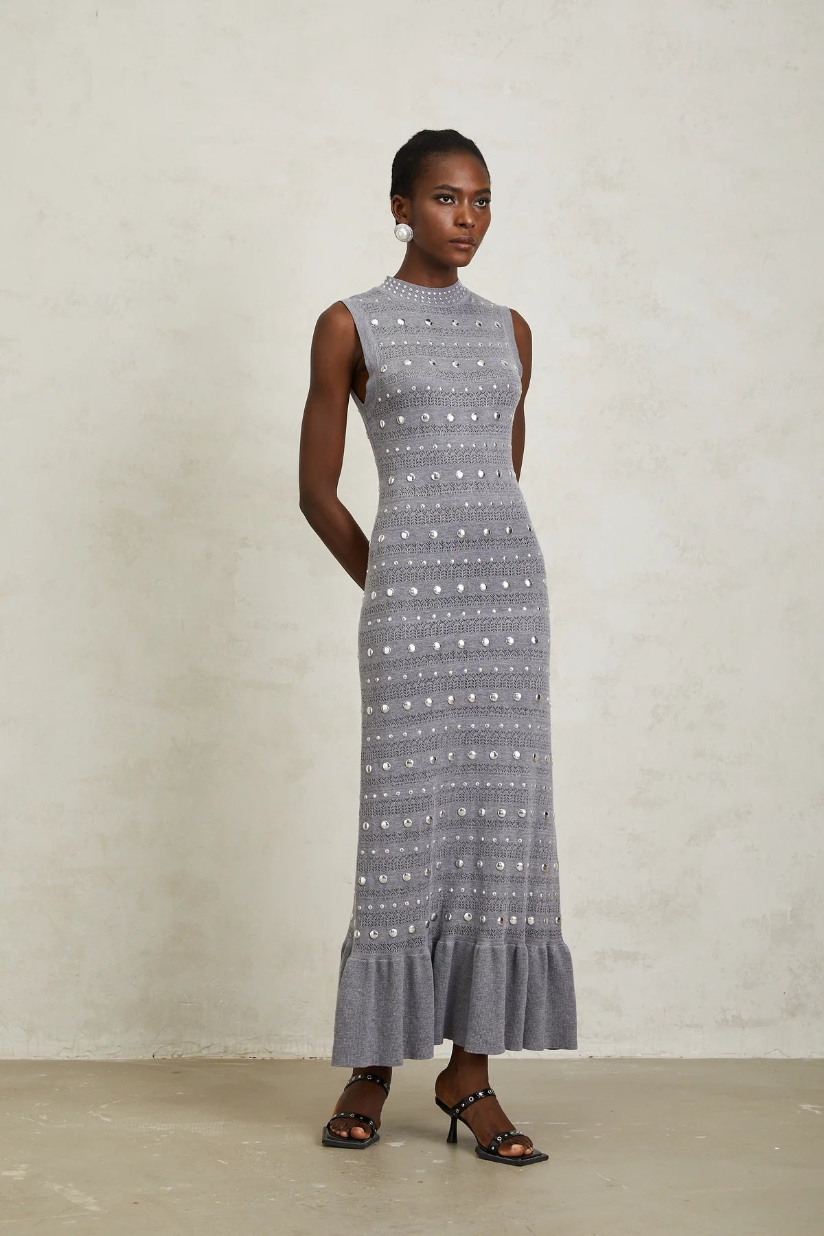 Grey Studded Crochet Knit Maxi Dress
