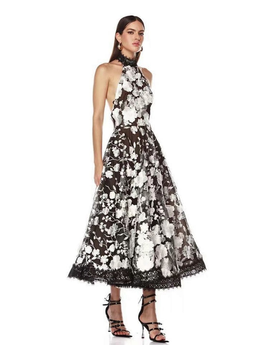 Embroidered Flower Halter Long Dress