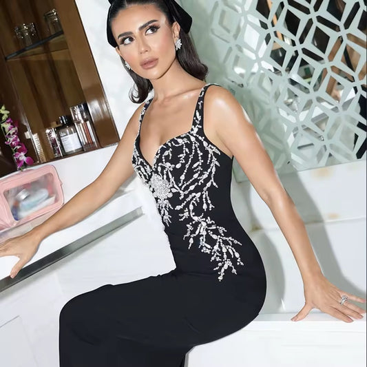 Diamond Beads Spaghetti Strap Backless Sexy Maxi Bandage Dress
