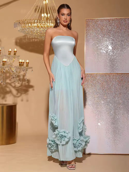 Off Shoulder High Waist Slim Sunflower Pleated Long Dress