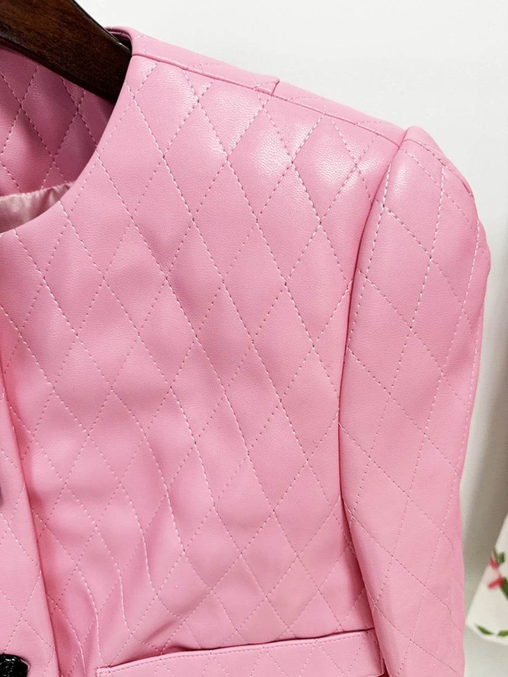 Pink Diamond Quilted Short Leather Jacket Leather Mini Skirt set - REBECATHELABEL