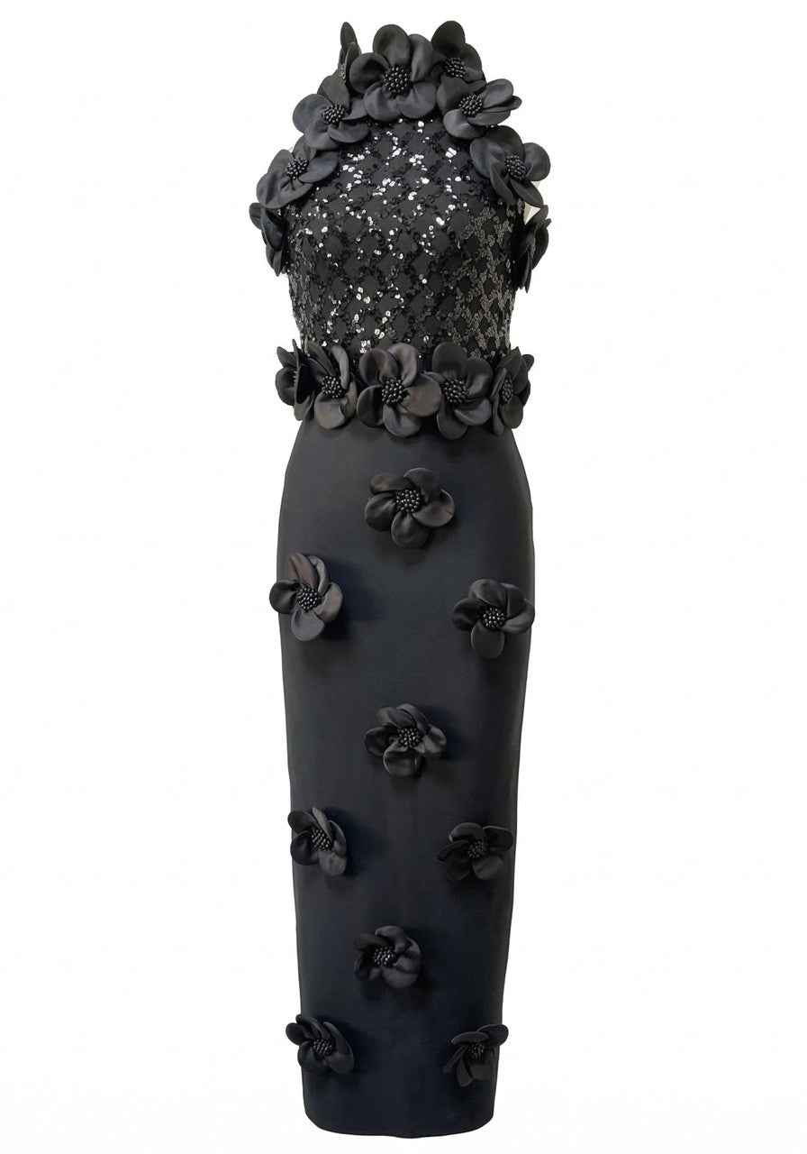 Floral Sequin Maxi Dress Black