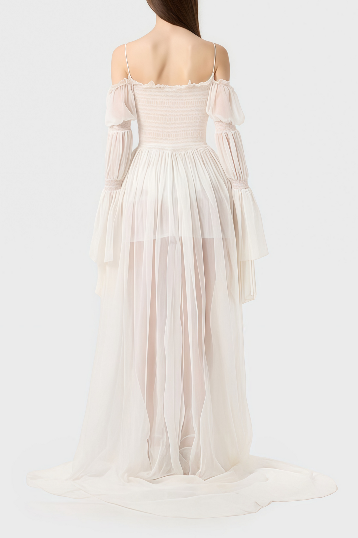 White Smocked Shirred Chiffon Maxi Dress