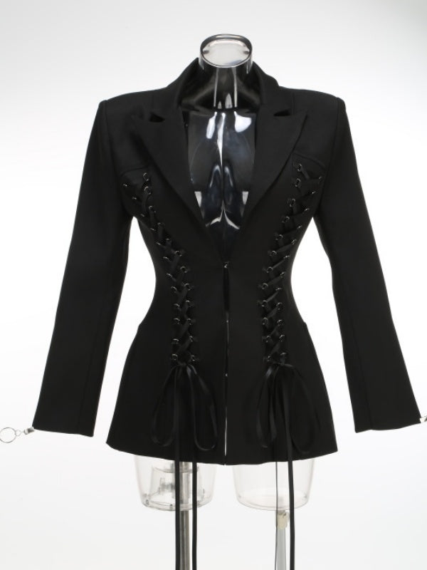 Crisscross Lace Up Suit Black Lapel V Neck Long Sleeve Bodycon Blazer Dress