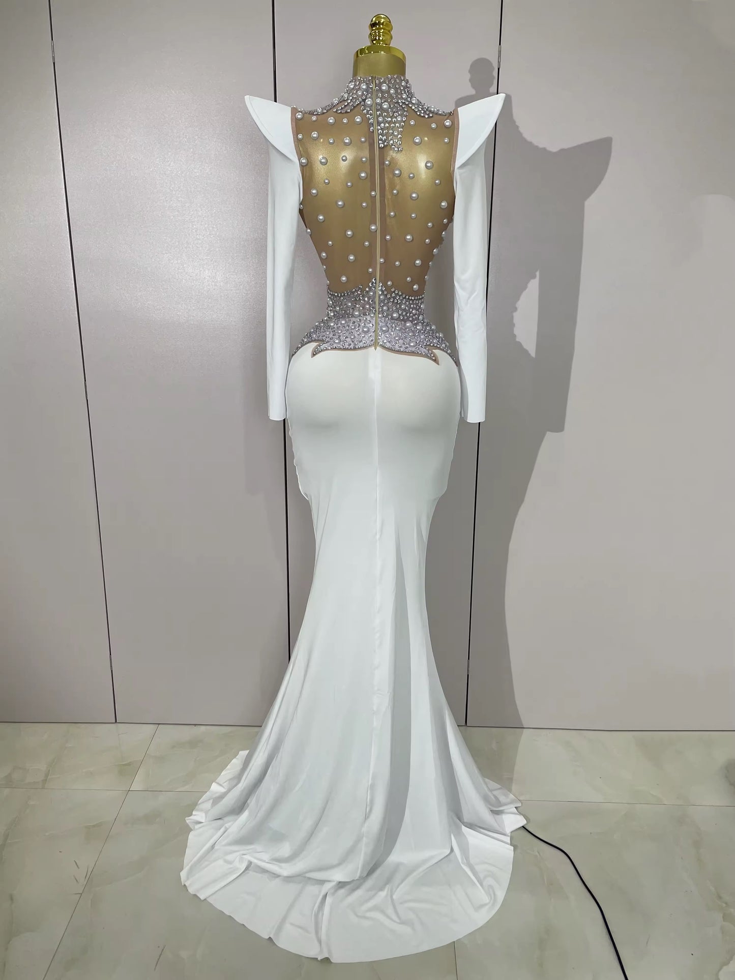 Sparkly Diamonds Pearl Black Sexy See Through Mesh Long Dress