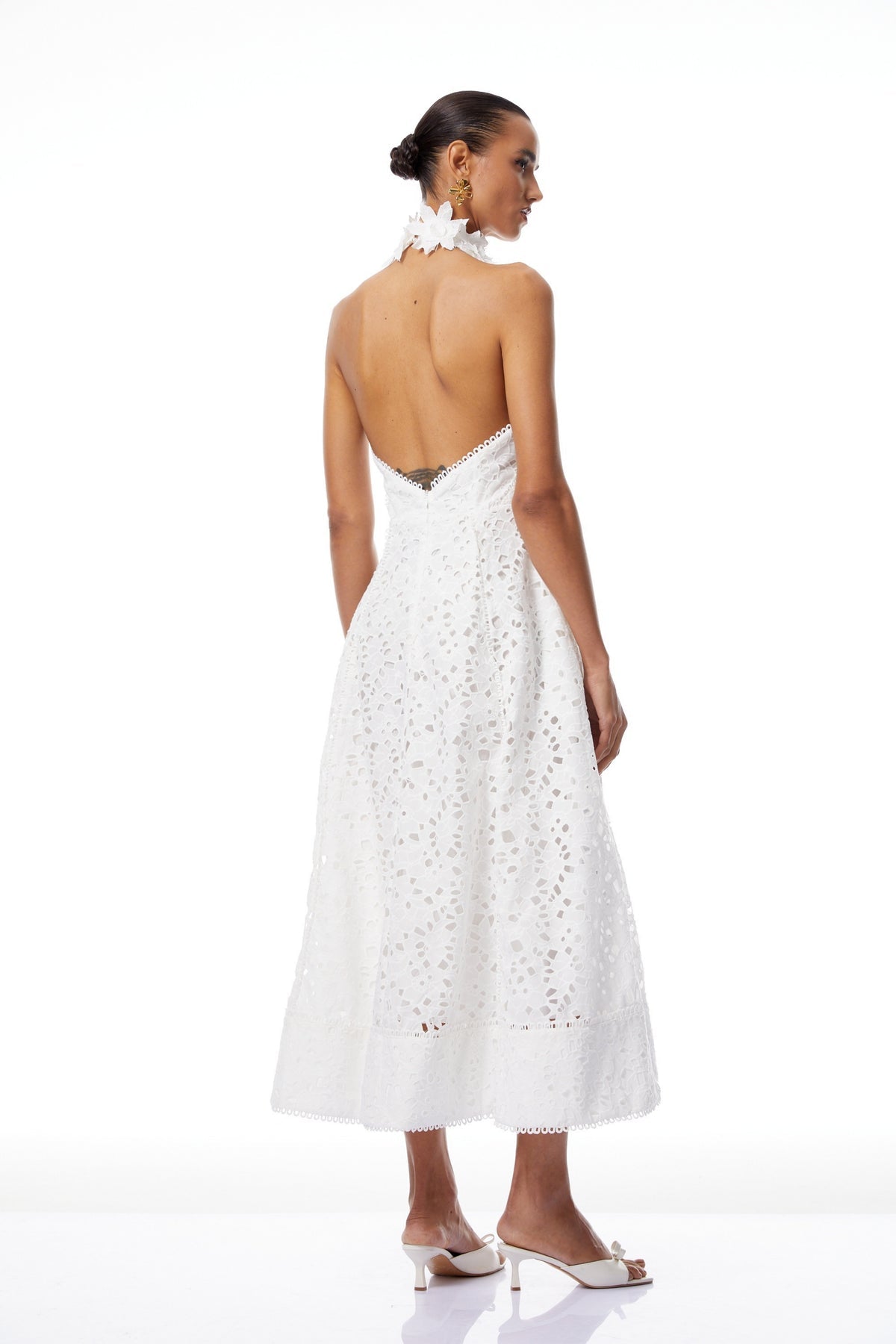 White Halterneck Corded Lace Midi Dress
