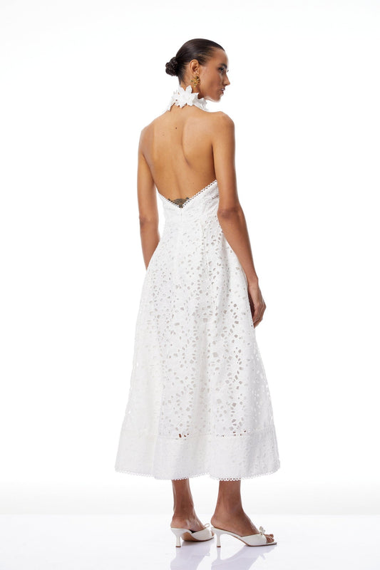 White Halterneck Corded Lace Midi Dress