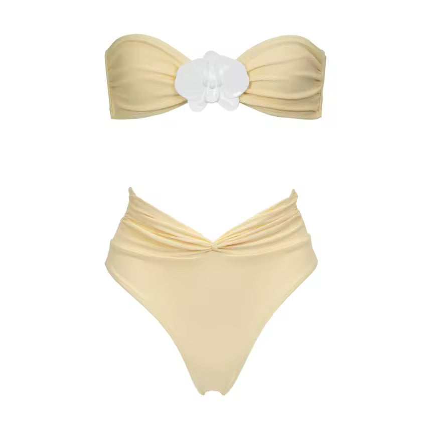 Yellow Bandeau Biquini Mesh Skirt Bathing Suit