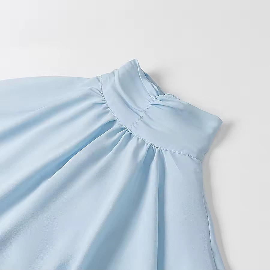 Ruffle Mini Dress Chiffon Loose High Neck Trumpet Sleeve Blue Dress