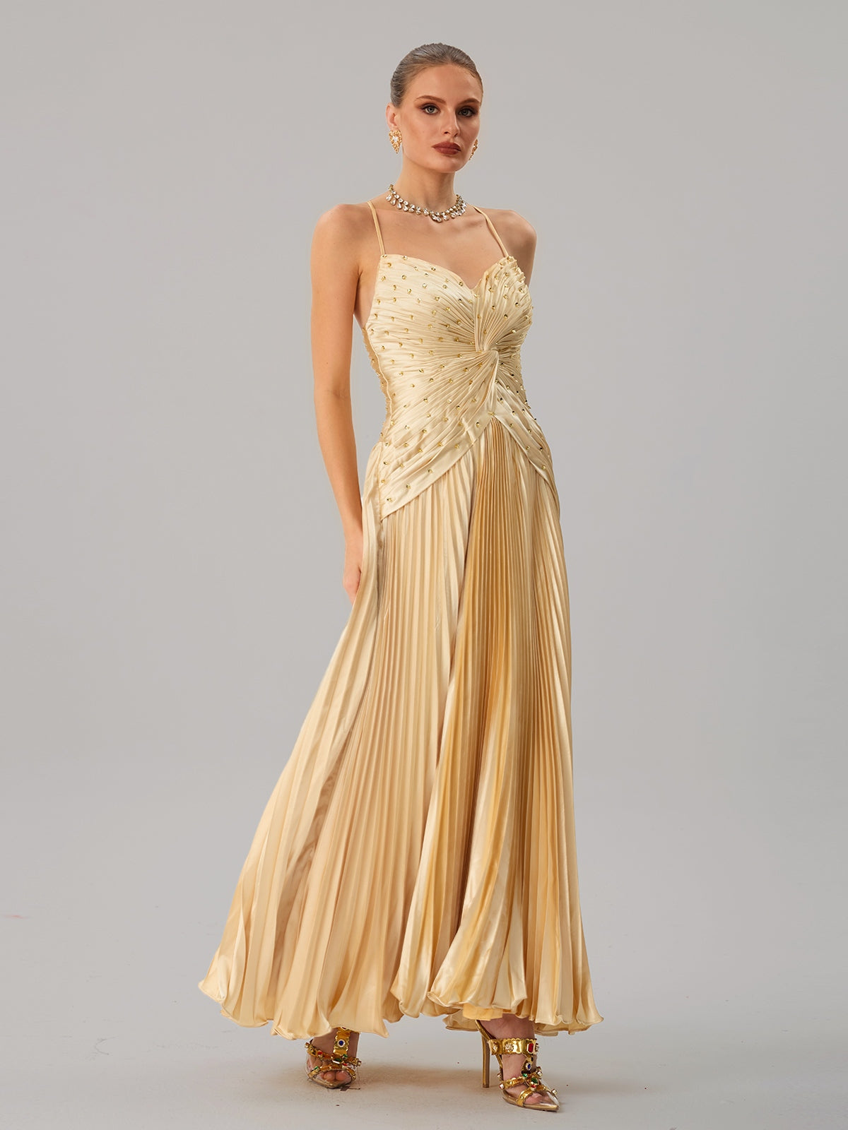 Spaghetti Twisted Pleated Maxi Dress