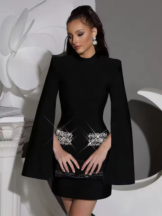 Diamond Cloak Sleeve Bandage Mini Dress