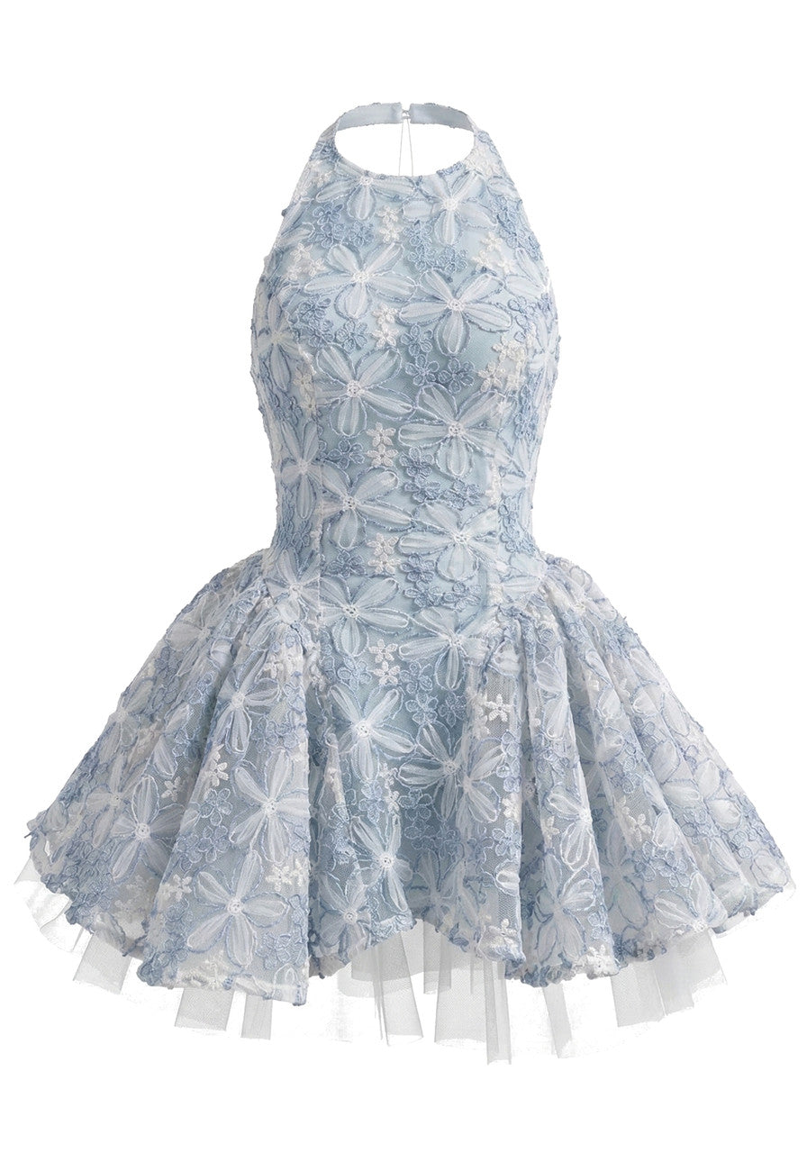 Halter Floral A Line Dress Blue