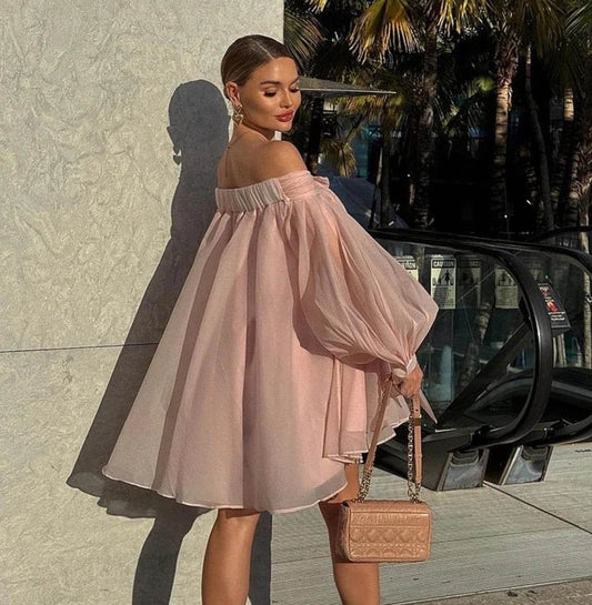 Off Shoulder Long Sleeve Bow Loose Mini Dress - REBECATHELABEL