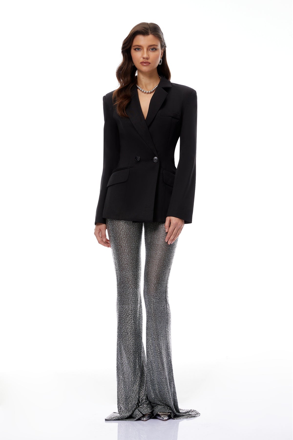 Black Double-Breasted Blazer & Rhinestone Trousers Set