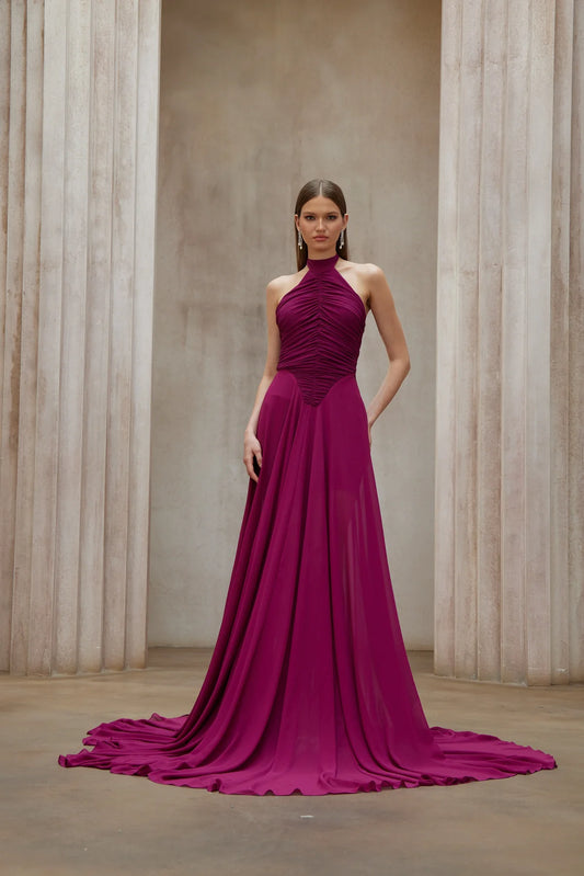 Purple Train Design Ruched Maxi Dress