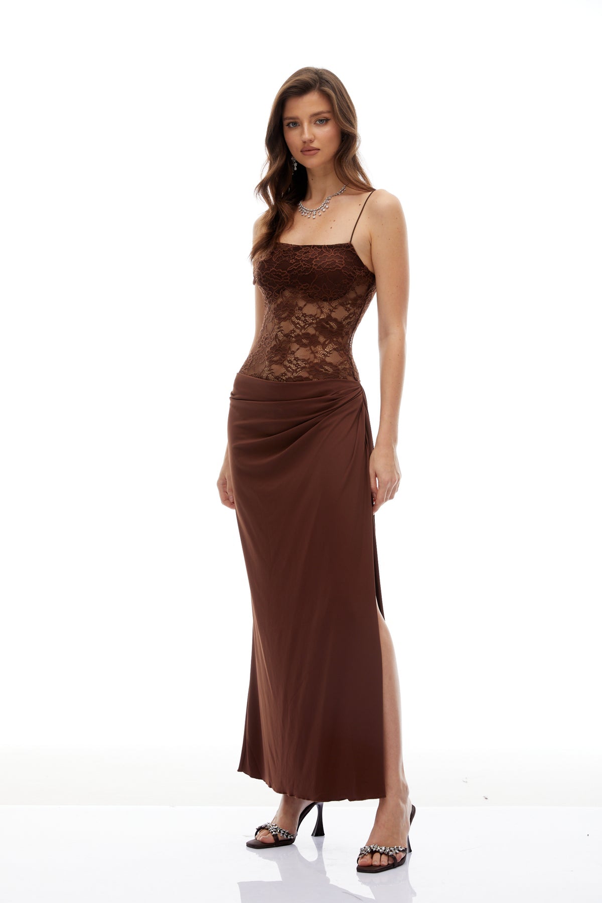 Brown Lace Panel Asymmetrical Maxi Dress