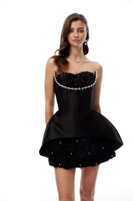 Black Embellished Floral Panel Mini Dress