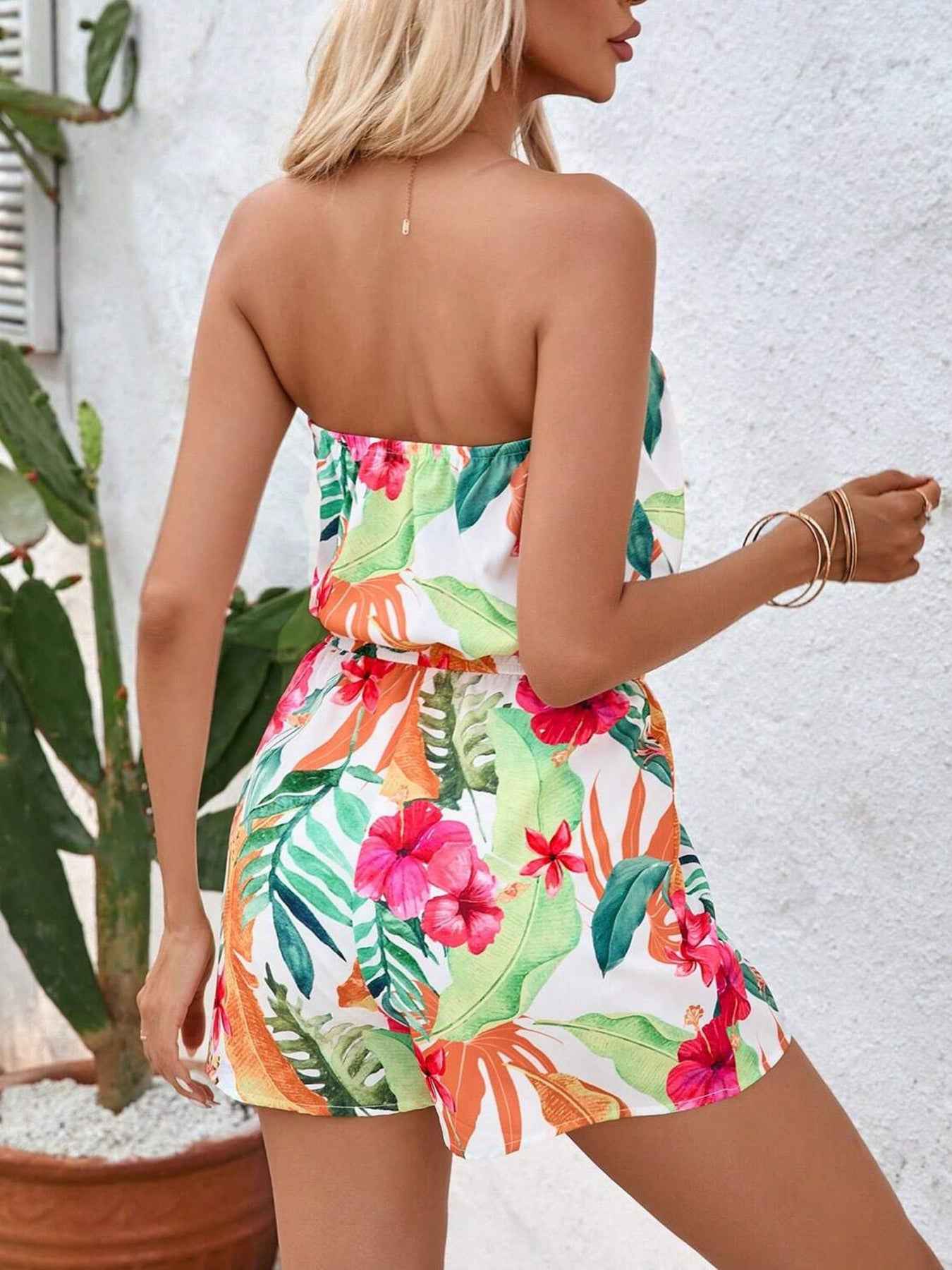Tropical Print Strapless Elastic Waist Romper