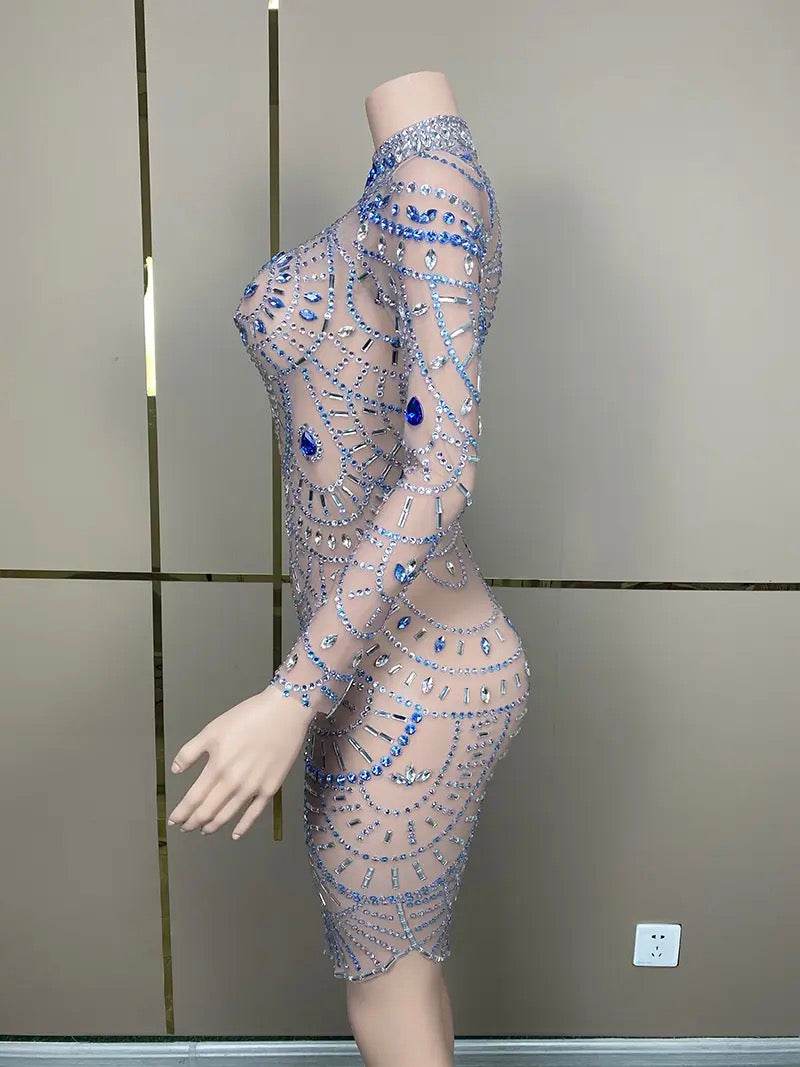 Long Sleeve Rhinestone Mesh Mini Dress - REBECATHELABEL