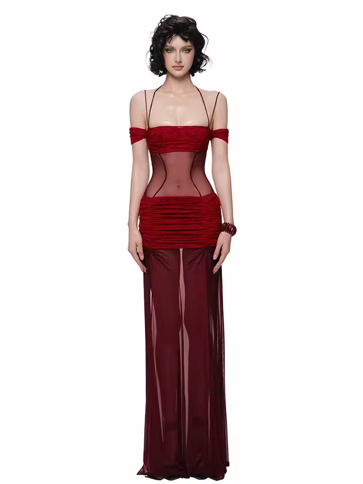 Red Ruched Lace Panel Meah Midi Dress