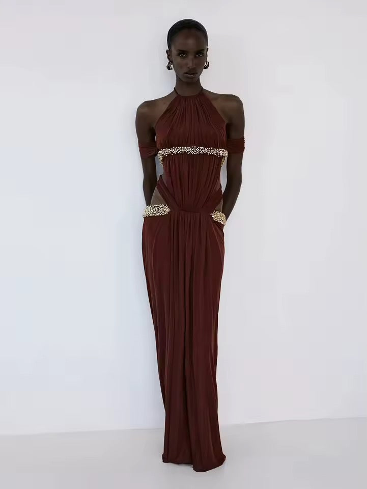 Red Halterneck Crystal Embellished Maxi Dress