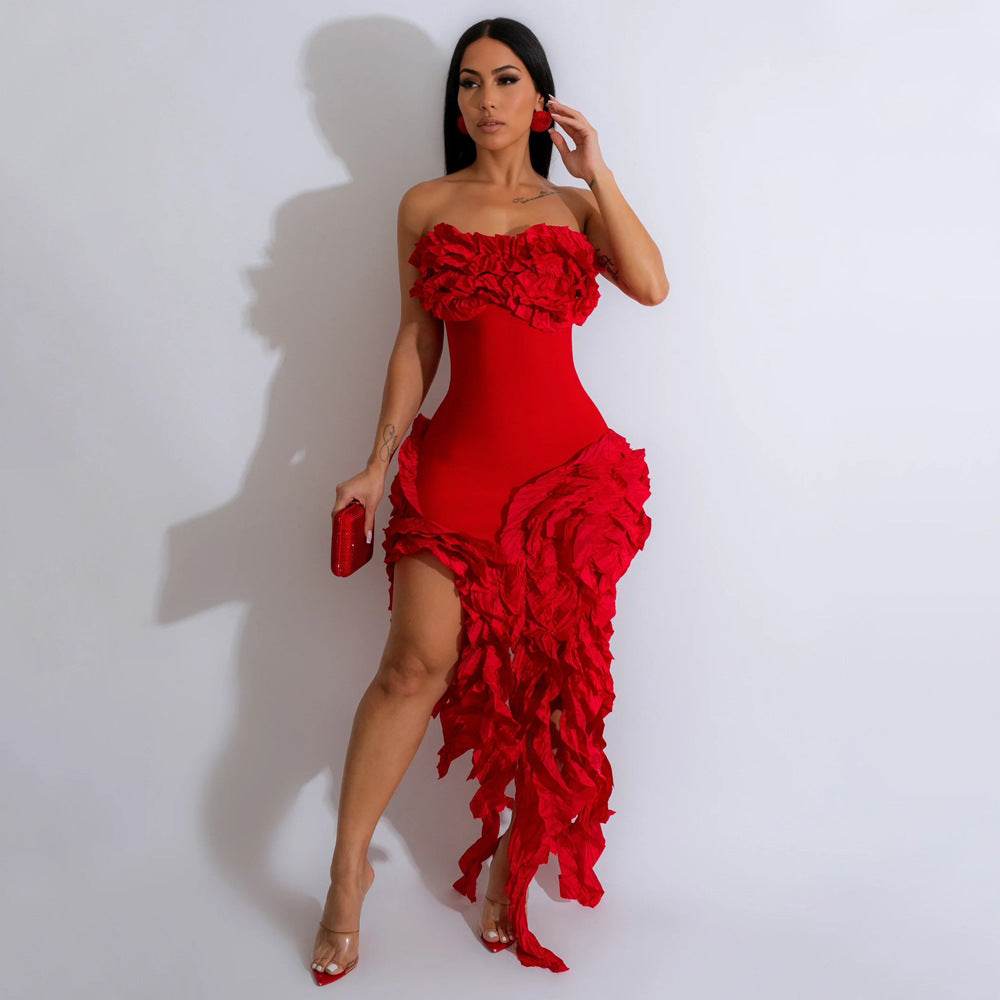 Strapless Ruffles Tassel Splicing Irregular dress - REBECATHELABEL