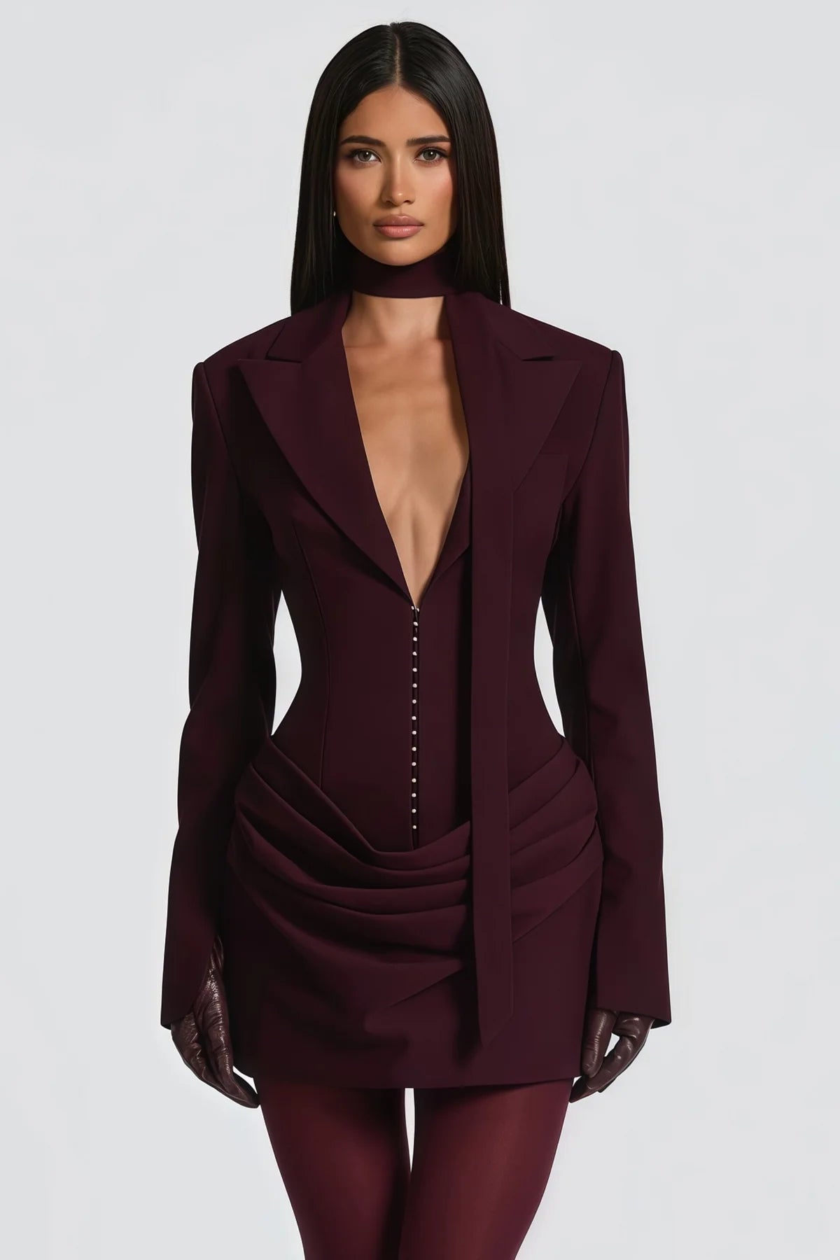 Wine Red Ruched Blazer Mini Dress