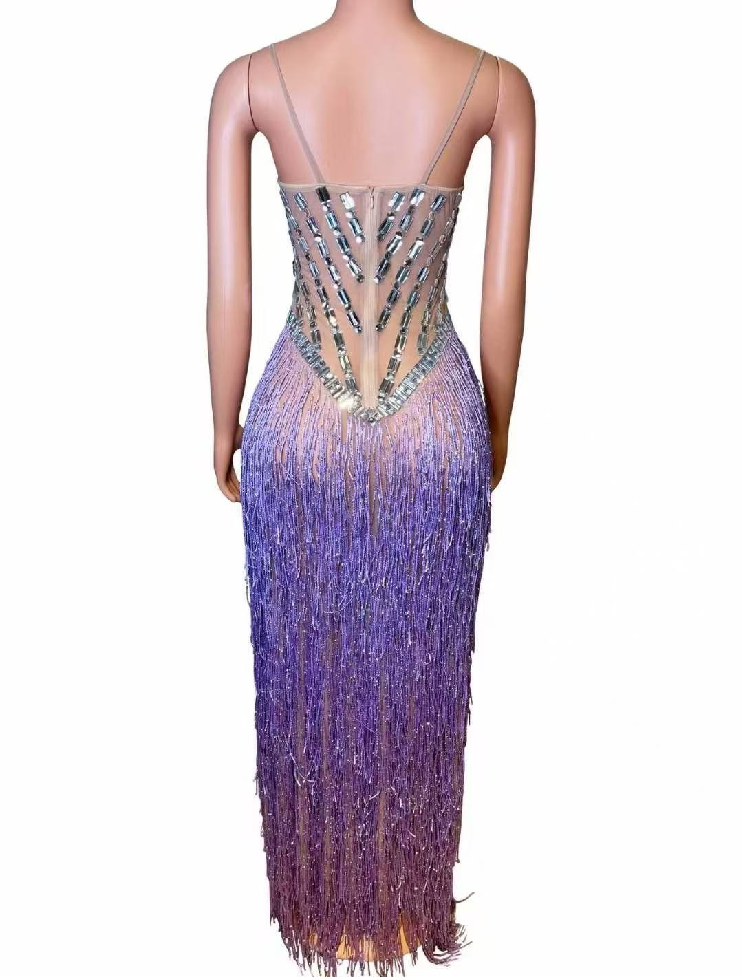 Strapless Rhinestone Tassel High Long Dress