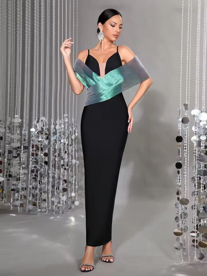 Spaghetti Strap Patchwork Maxi Bandage Dress