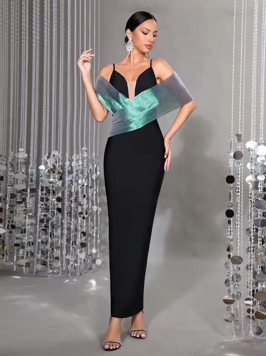 Spaghetti Strap Patchwork Maxi Bandage Dress