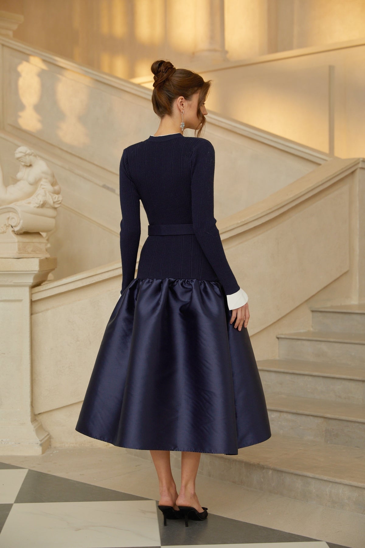 Navy Blue Satin Panel Knit Midi Dress