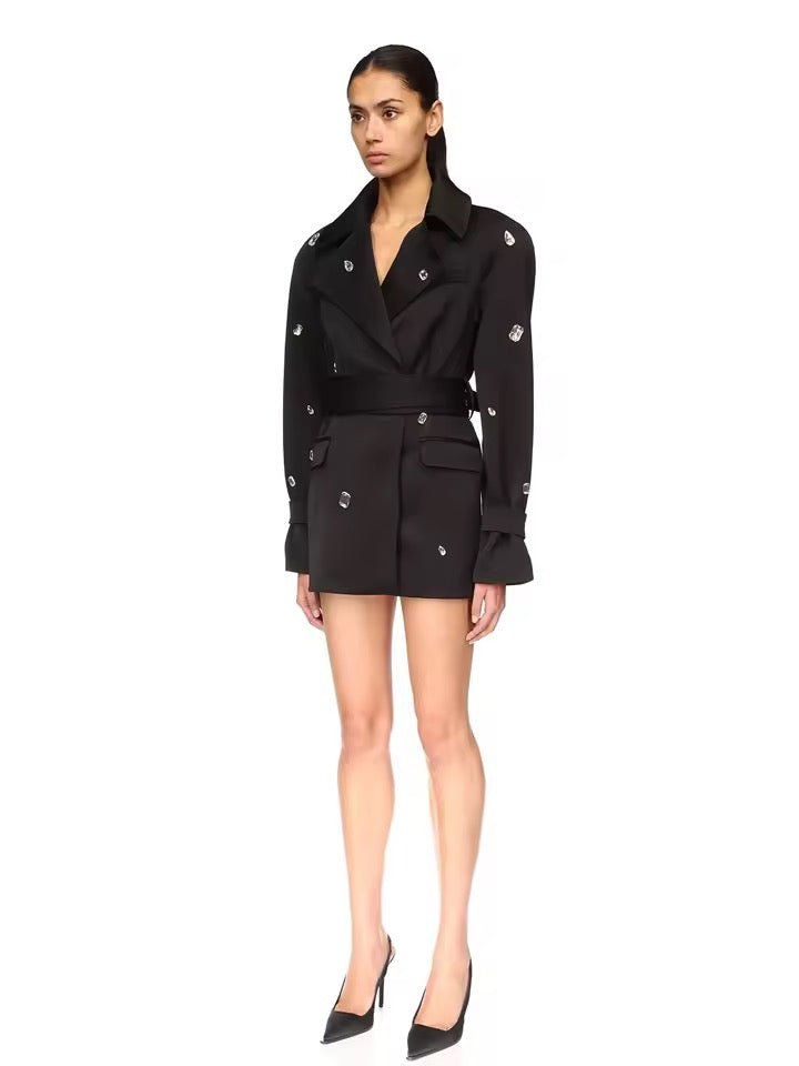 Long Blazer Belt Crystal Long Sleeve Lapel Solid Female Coats