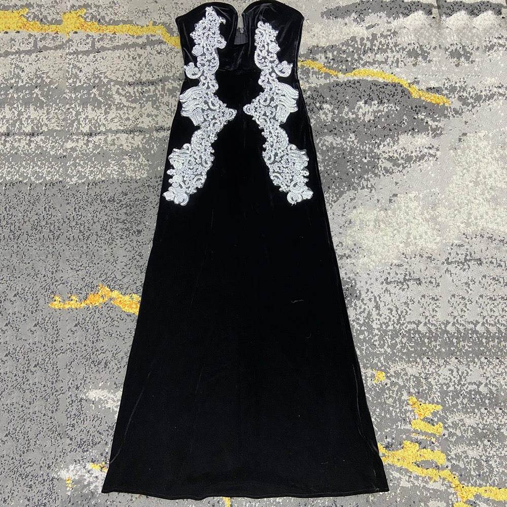 Velvet Sexy Strapless Lace Decoration V-neck Long dress - REBECATHELABEL