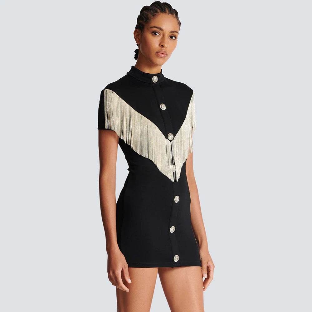 Sleeve Sexy Tassel Button Tight Mini Bandage Party Dress - REBECATHELABEL