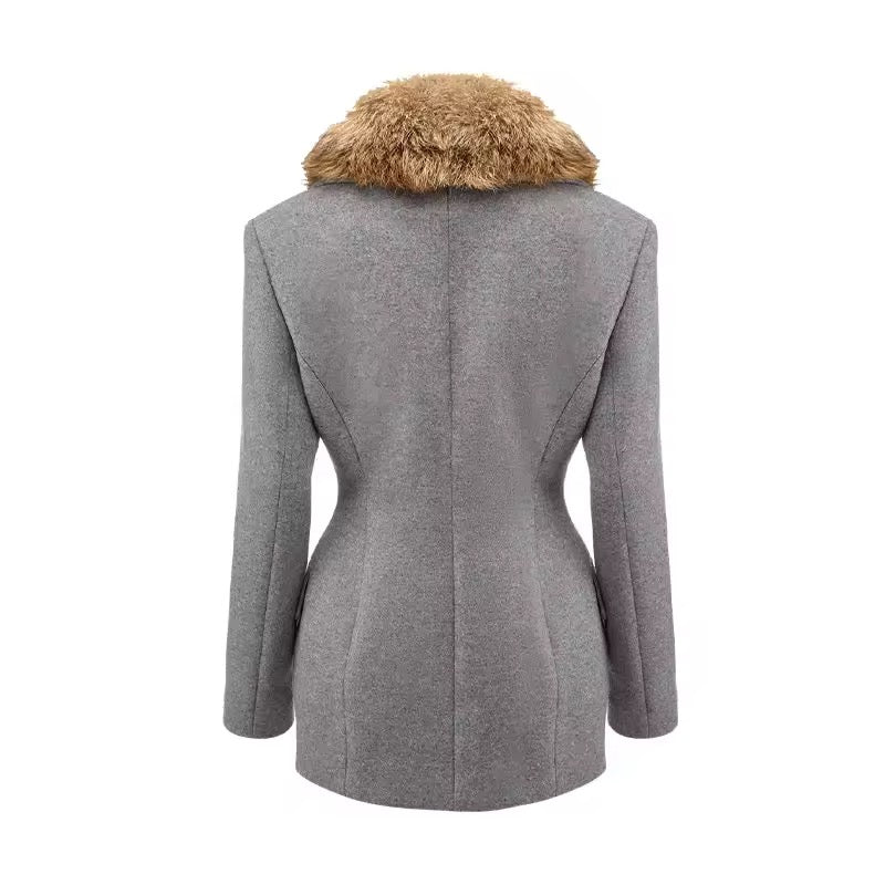 Fur Collar Woolen Patchwork Coat Long Sleeve Double Breasted blazer