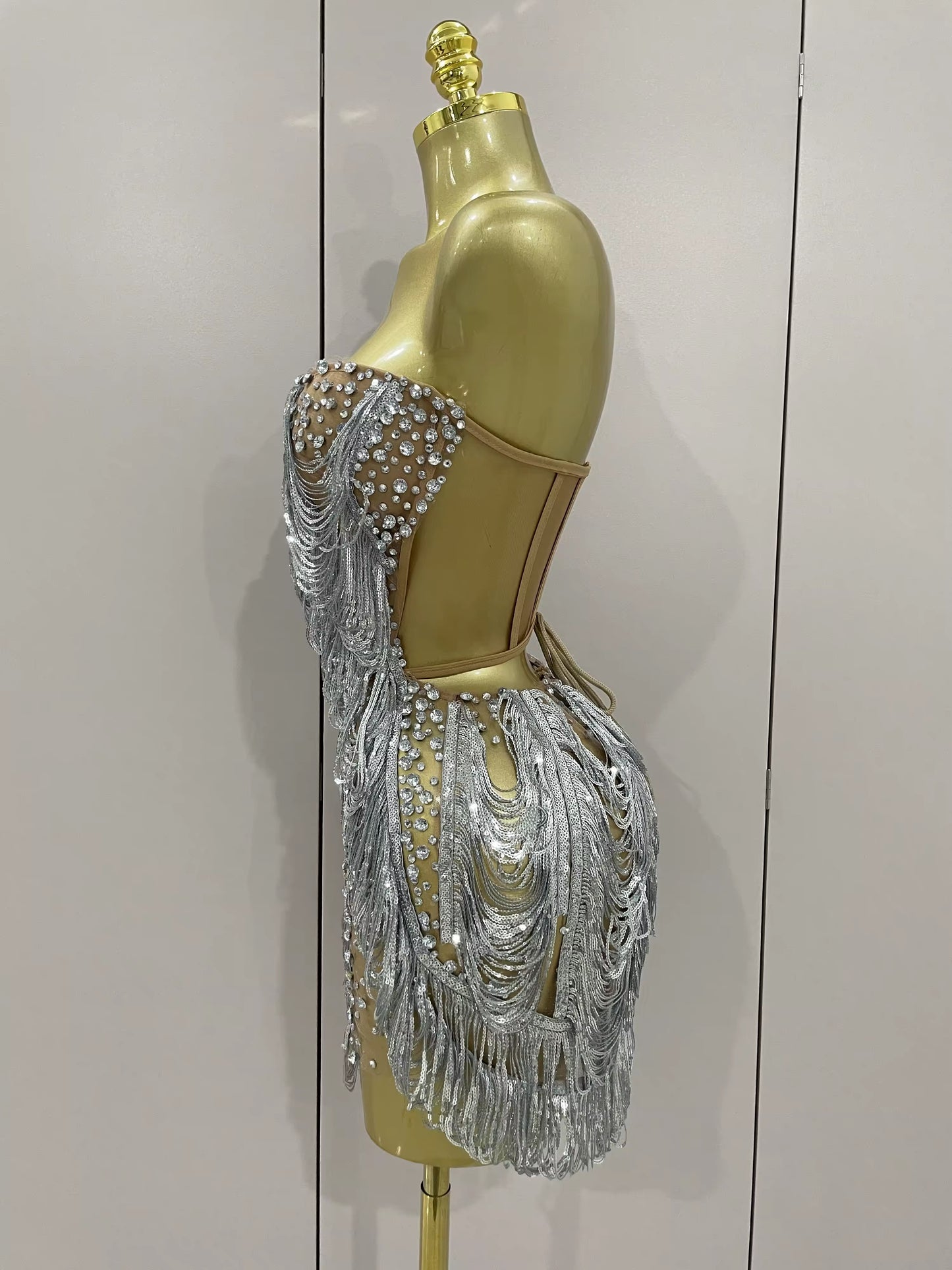 Sparkly Rhinestone Sequins Tassel Mesh One Shoulder Short Dress