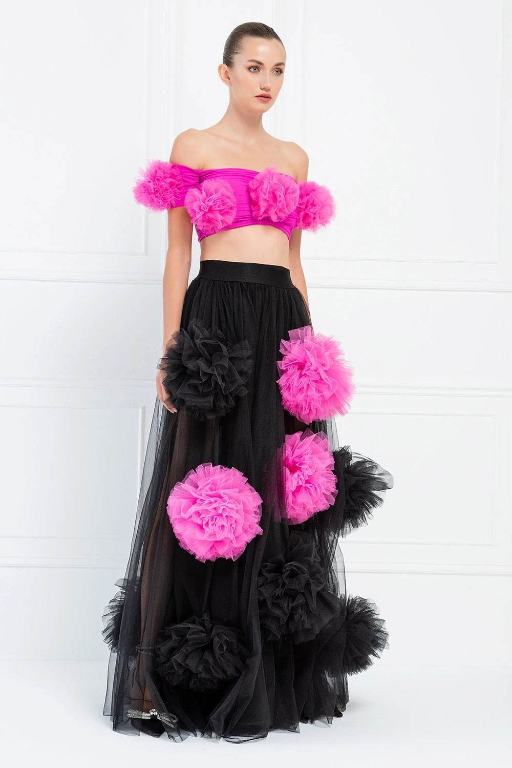 Black Tassel Mesh 3D Flower Sexy Hundred Fold Long Skirt - REBECATHELABEL