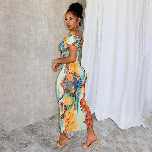 Abstract Printing Texture Slim off Shoulder Dress - REBECATHELABEL