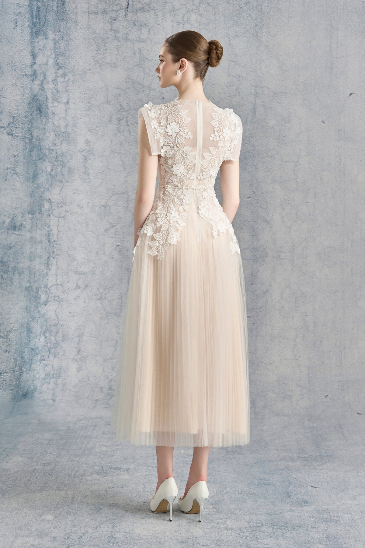 Flower-appliqué Tulle Midi Dress