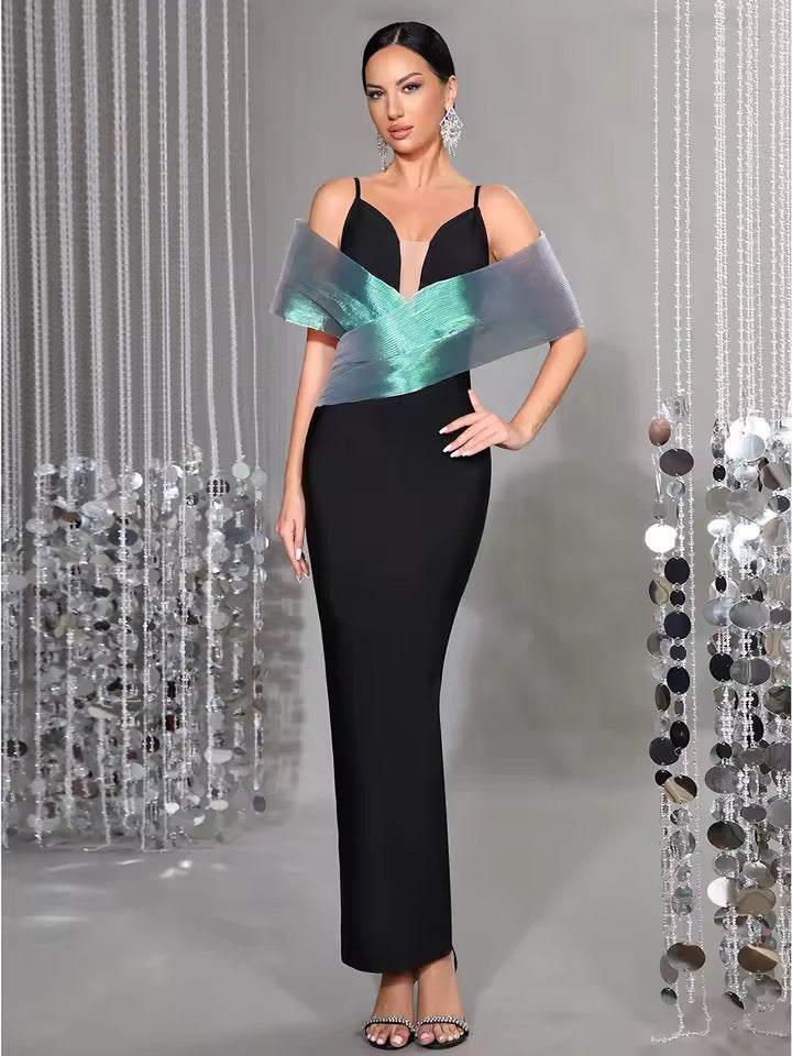 Spaghetti Strap Patchwork Maxi Bandage Dress