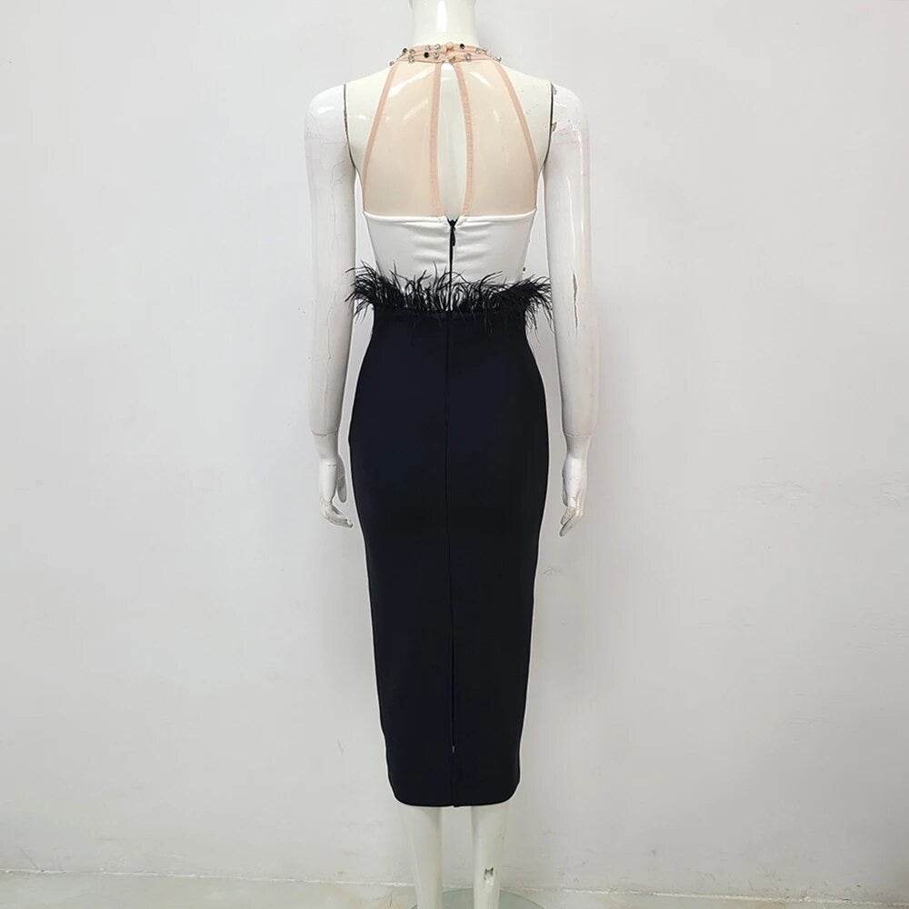 Patchwork Sexy Sleeveless Luxury Diamond Feather Tight Midi dress - REBECATHELABEL