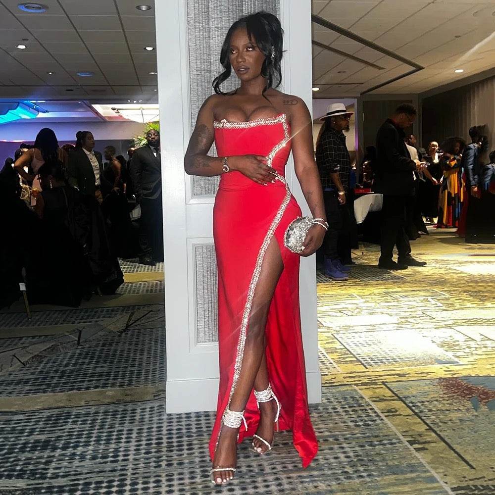 Strapless Crystal Diamond Decoration High Split Long Bandage Dress - REBECATHELABEL