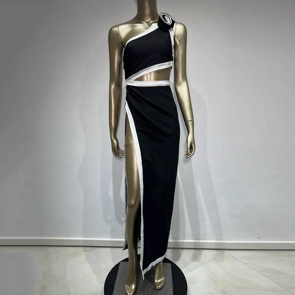 One Shoulder 3D Flower Hollow Asymmetric Split Long Bandage Dress - REBECATHELABEL