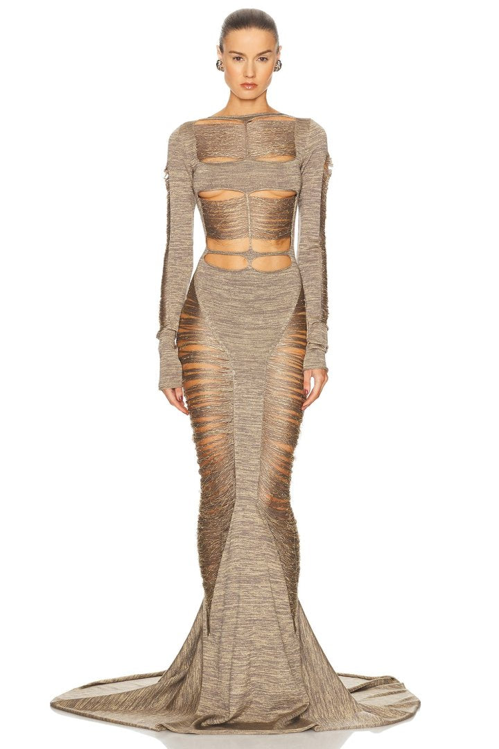 Hollow Out Backless Dress Full Sleeve Slim Floor-length Dress