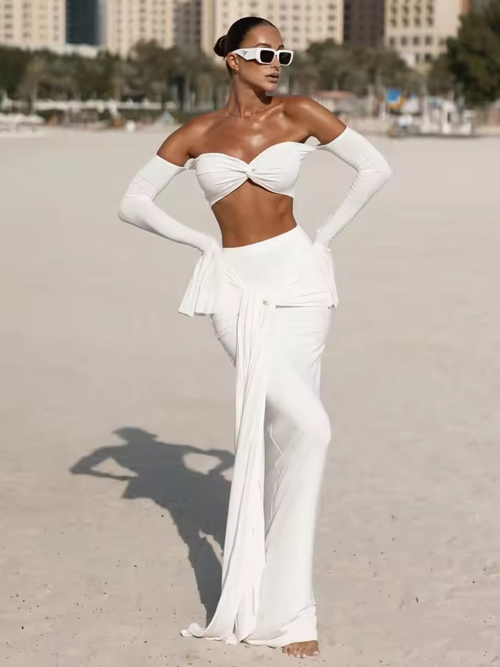 Flared Sleeve Crop Top + Long Skirt Two-Piece Set