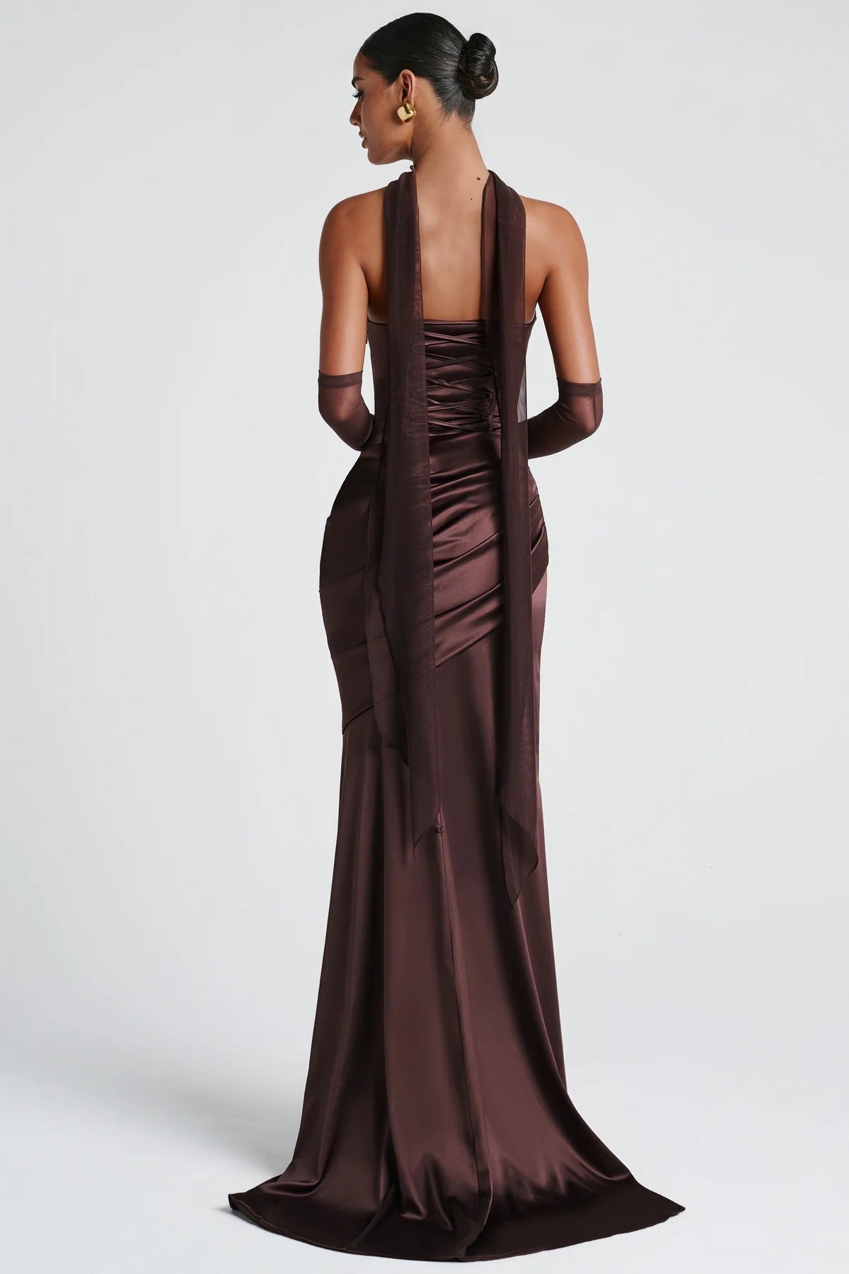 Brown Ruched Satin Maxi Dress