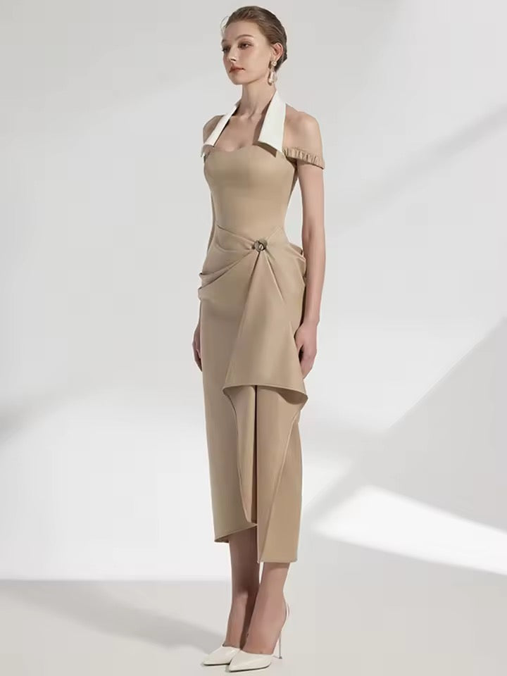 Halter Lapel Contrast Color Irregular Pleated dress