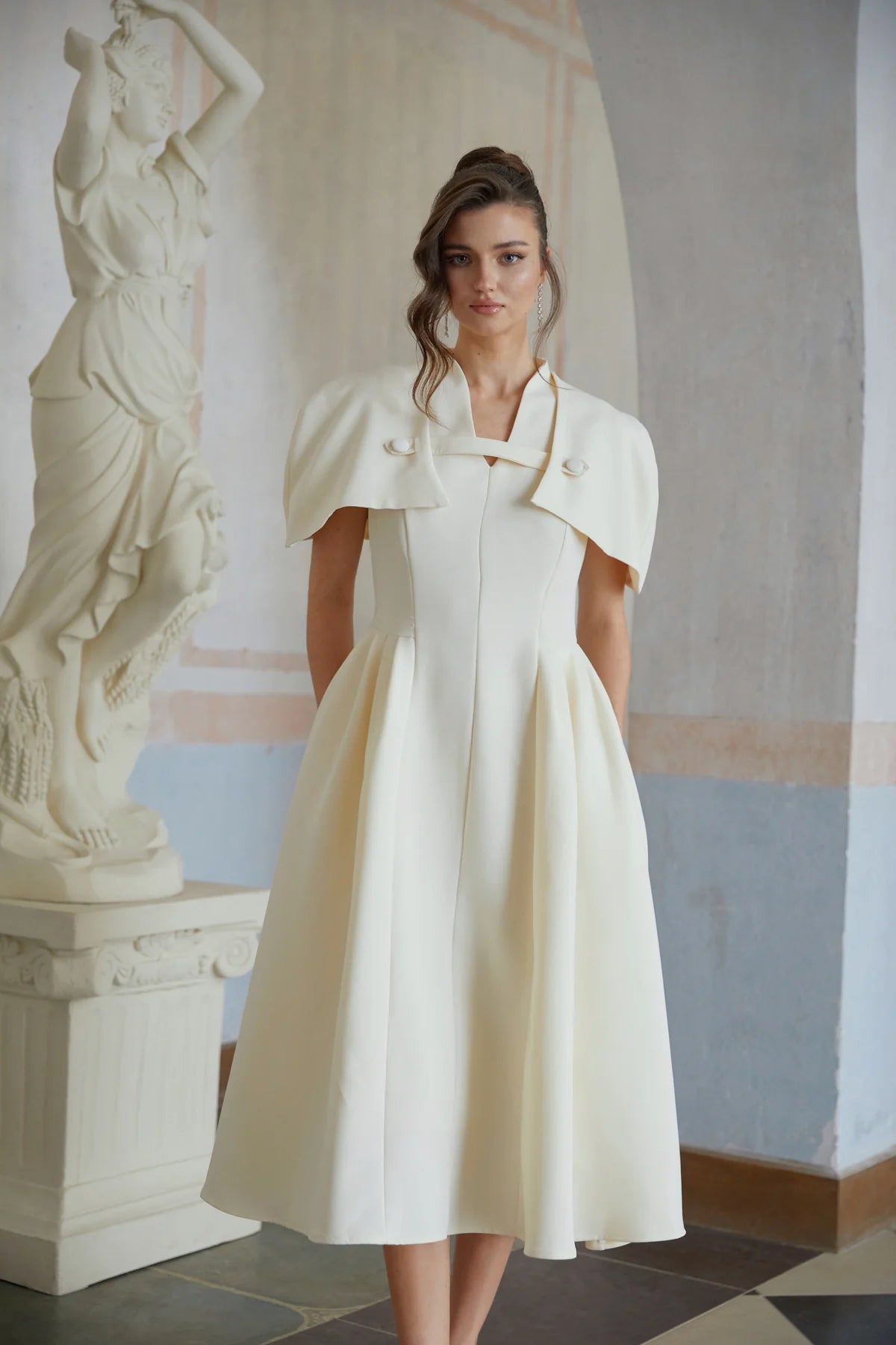 Neutral Shawl Detail Shirred Midi Dress