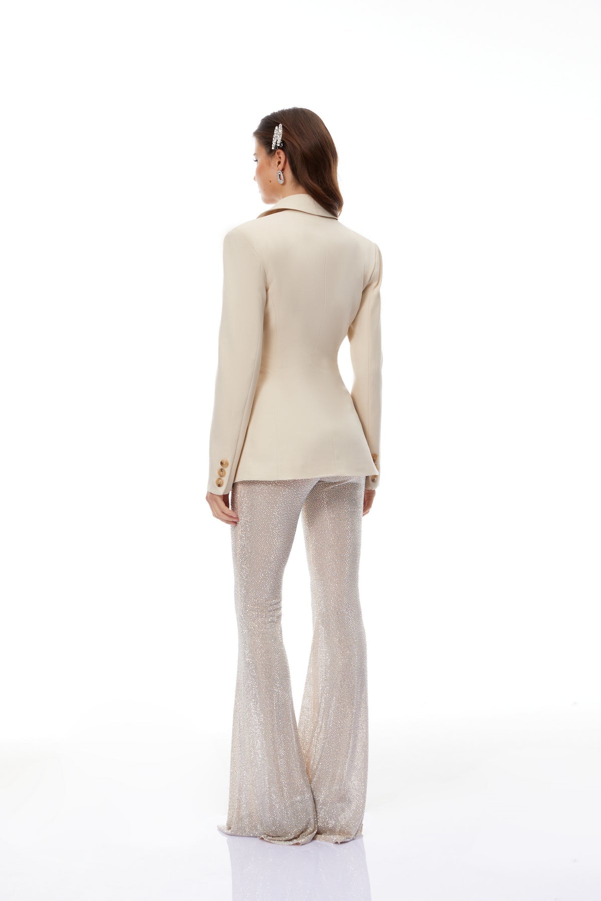 Cream Double-Breasted Blazer & Rhinestone Trousers Set