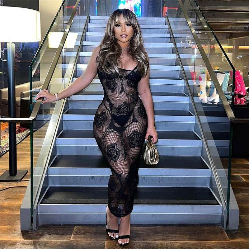 Low Cut See through Hollow Out Cutout Jacquard Strap Long Dress - REBECATHELABEL